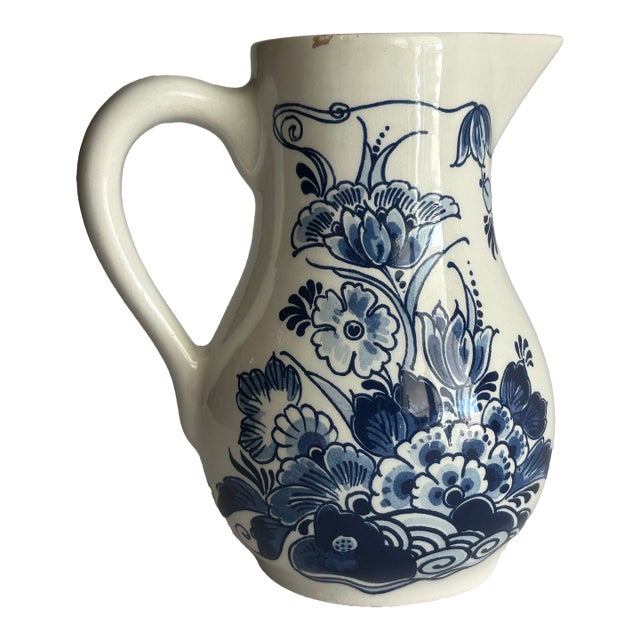 Vintage Mid 20th Century Small Royal Delft Blue & White Floral Ceramic Pitcher For Sale