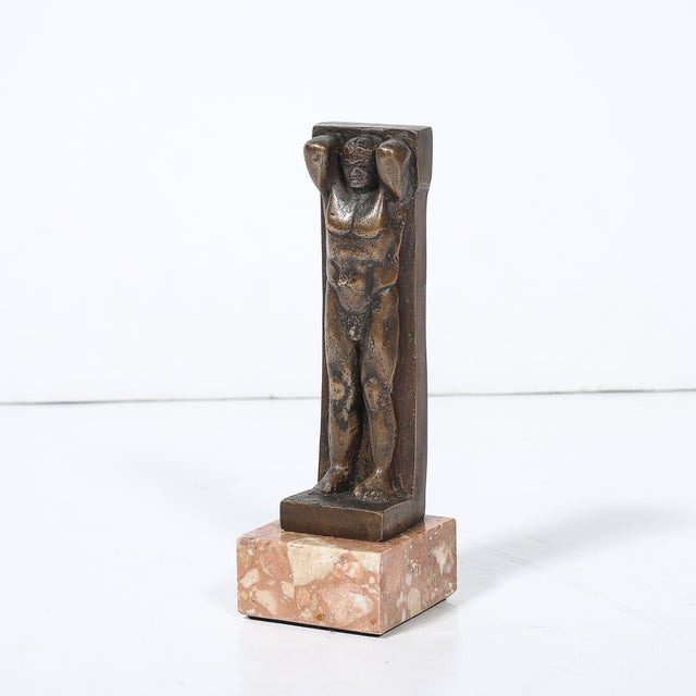 Art Deco Bronze Telamon Sculpture on Rectilinear Variegated Rose Hue Marble Base For Sale In New York - Image 6 of 10