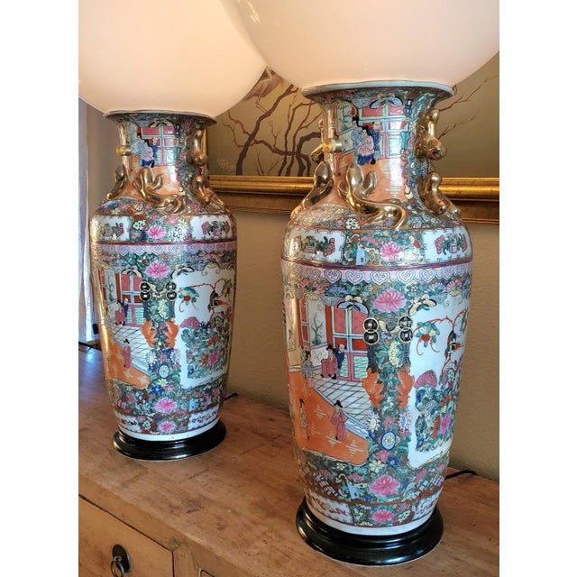 Pair of Large Table Lamps Rose Medallion 19th Century Porcelain Palace Vases Custom Made Globe Lamps For Sale - Image 11 of 12