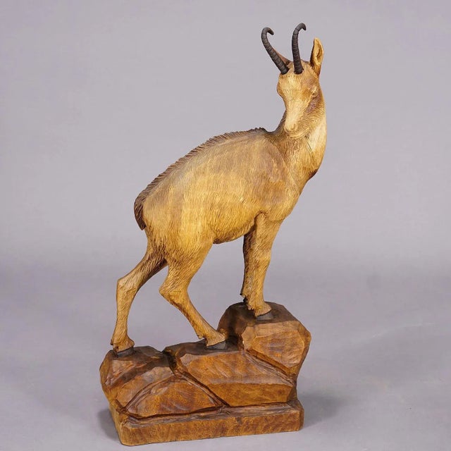 Rustic European Wooden Carved Ibex and Chamois Sculptures Attr. To Rudolf Heissl Jr. Ca. 1960s For Sale - Image 3 of 12