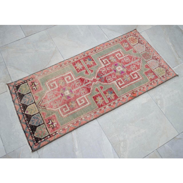 Hand-Knotted Turkish Petite Rug Low Pile Faded Colors DoorMat Yastik Rug - 20'' X 44'' For Sale - Image 13 of 13
