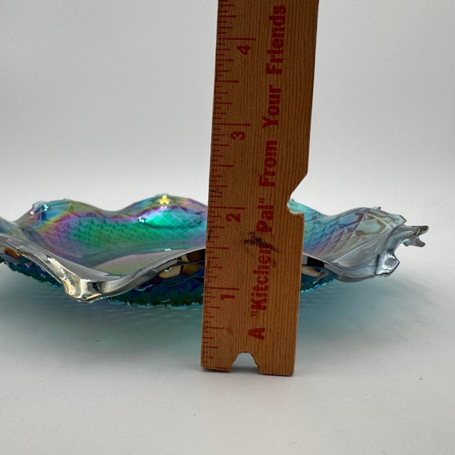 Art Deco Indiana Carnival Glass Windsor Blue 10" Round Crimped Bowl For Sale - Image 3 of 5