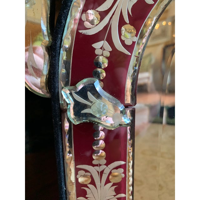 Glass Small Venetian Red Cut to Clear Glass Mirror With Engraved Designs For Sale - Image 7 of 11