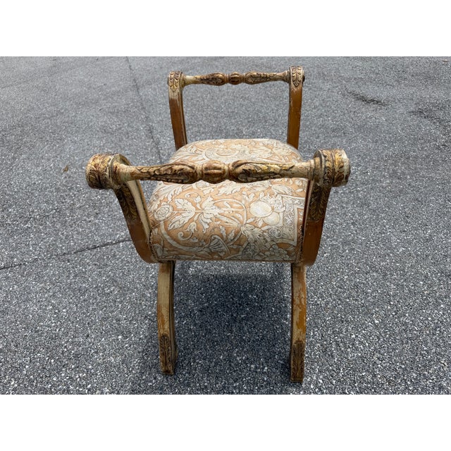 Italian Mid 20th Century Italian Distressed Carved-Wood Curule Stool W/ Versace Pattern Seat Cushion For Sale - Image 3 of 15