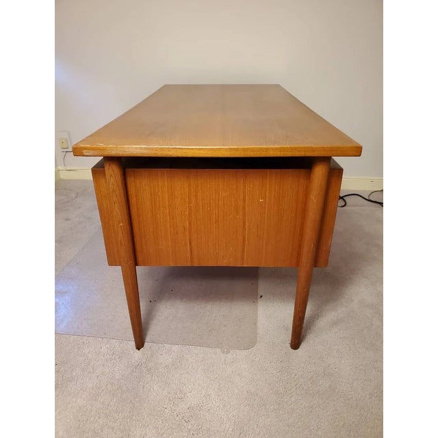 Mid-Century Modern 1960s Danish Modern Teak Floating Top Executive Desk | Asymmetrical Design, Solid Wood Drawers | Excellent Condition - 57" Wide For Sale - Image 3 of 15