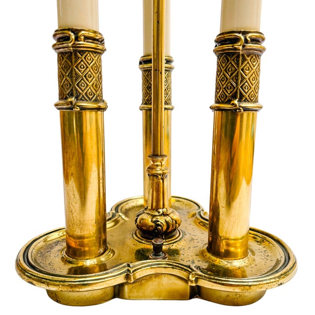 Metal Mid 20th Century Neoclassical Stiffel Solid Brass 3-Light Bouillotte Lamp With Black Snakeskin Shade For Sale - Image 7 of 15
