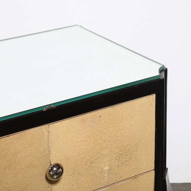 Art Deco Directoire Style Ebonized Nightstands W/Shagreen Fronts & Mirrored Tops For Sale - Image 14 of 18