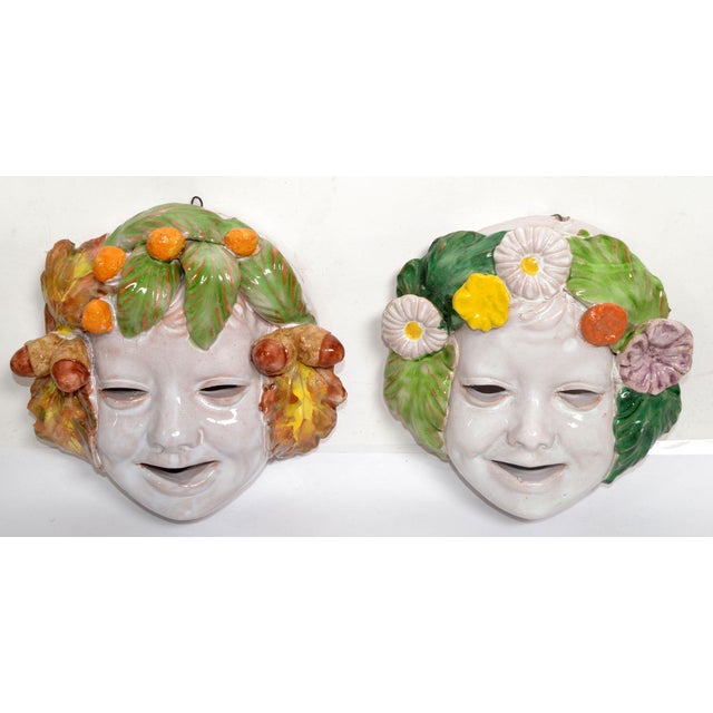 French Provincial Vintage Majolica Hand Painted Ceramic Pottery Wall Masks Italy Cottura- Set of 4 For Sale - Image 3 of 12