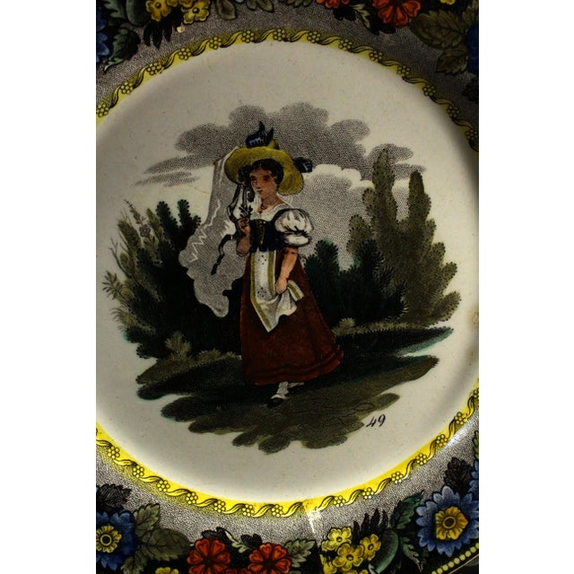1830s Creil Et Montreau French Faience Polychrome Transfer Plate Country Girl For Sale - Image 4 of 14