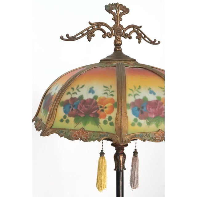 Period Mid 20th CenturyRestored Art Nouveau Reverse Painted Shade Brass Floor Lamp For Sale - Image 4 of 15