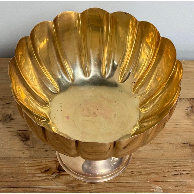 Vintage Oversized Scalloped Brass Pedestal Bowls For Sale - Image 4 of 5