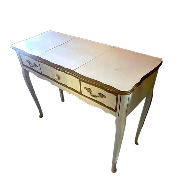 Wood 1970's French Provincial Style 2 Tone White and Gold Vanity Desk With Hideaway Mirror For Sale - Image 7 of 8