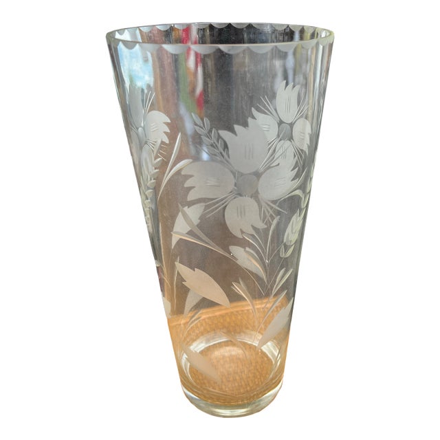 Vintage Depression Glass With Etched Flowers Vase For Sale
