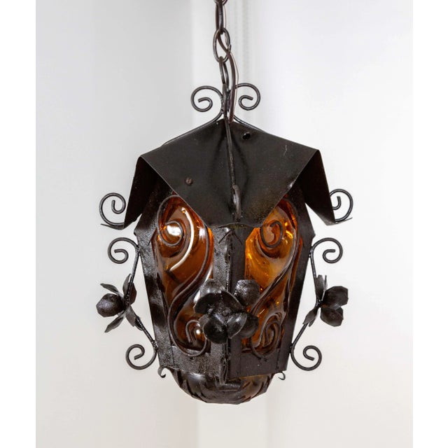 Mid 20th Century Black Birdhouse Lantern With Amber Blown Glass For Sale - Image 9 of 11