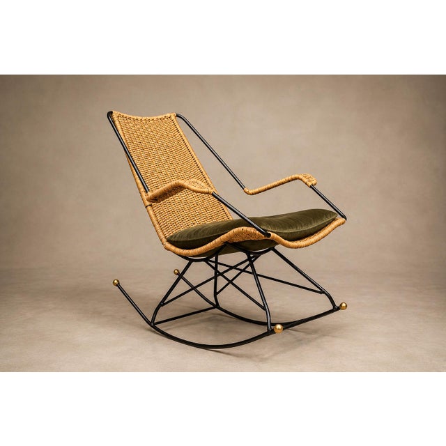 Mid-Century Modern Brazilian Modern Rocking Chair in Metal, Wicker & Green Mohair by Carlo Hauner, 1950s For Sale - Image 3 of 18