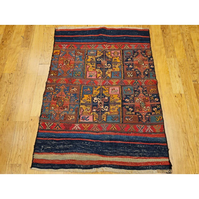 19th Century Caucasian Soumak Rug, Hand-Knotted Wool,Tapestry Tribal Wall Art, 4' x 5' For Sale In Chicago - Image 6 of 18