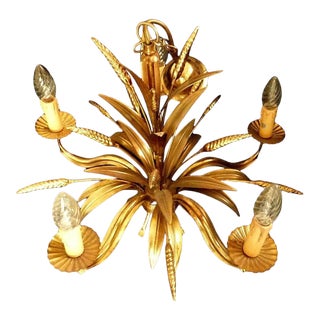C. 1950's Vintage French Maison Bagues Style Gilt Tole Sheaf of Wheat Floral Form Chandelier For Sale
