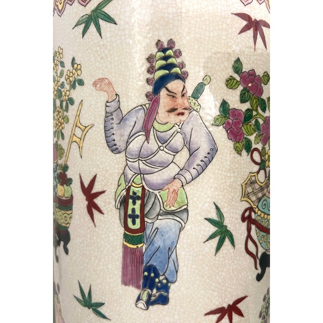 1950s The Chinese Warriors Umbrella Stand, 1950s, Beige Crackle Ware With Gold / Gilt Work, Signed Chenghua For Sale - Image 5 of 13