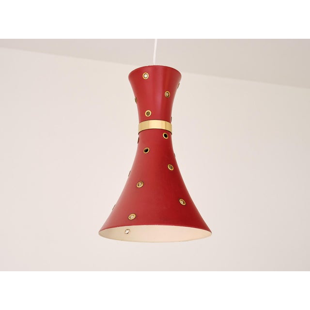 Swedish Modern Red Pendant Light with Perforated Brass Details, 1950s For Sale - Image 11 of 14