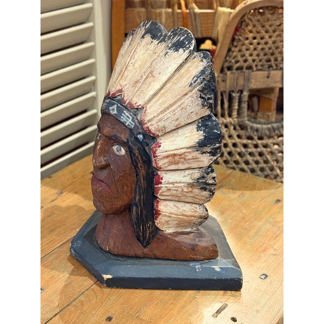 1920s Folk Art Carved Native Chief Doorstop Polychrome Painted Wooden Sculpture For Sale - Image 4 of 7