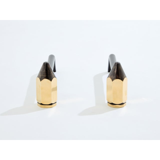 Mid-Century Modern Brass Pencil Andirons Wrought Iron 1960s For Sale - Image 3 of 9