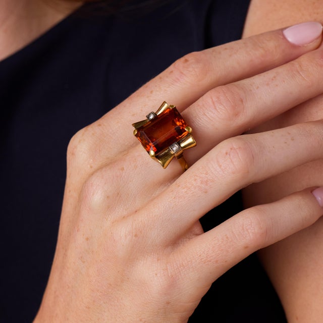 Mid 20th Century Mid 20th Century Retro 13.80 Carat Citrine Diamond 18k Yellow Gold Cocktail Ring, Size 8 For Sale - Image 5 of 6