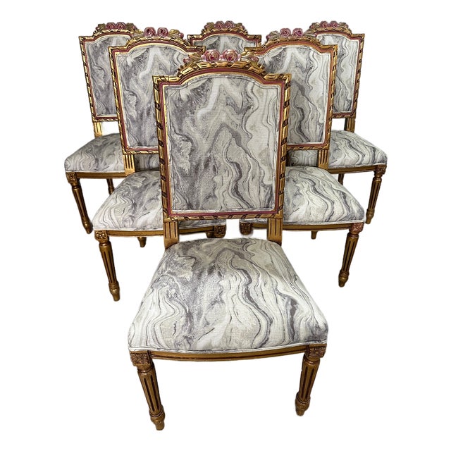 Late 18th Century French Louis XVI - Style Giltwood Dining Chairs With Hand-Painted Rosettes - Set of 6 For Sale