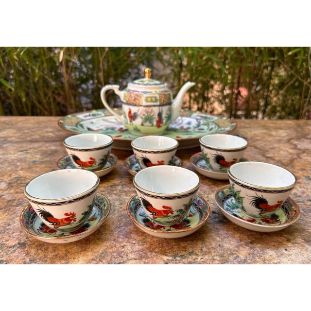 Chinese Vintage Chinese Hand Painted Porcelain Rooster Chinoiserie Motif 14 Piece Tea Set For Sale - Image 3 of 12