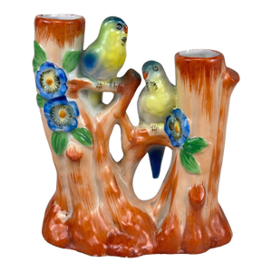Vintage Art Deco Ceramic Parakeet Bird Double Stem Bud Vase