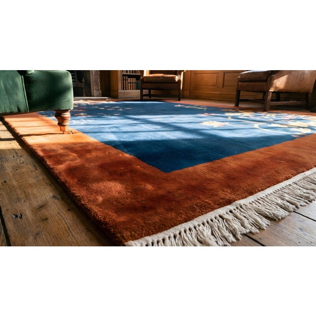 1920s Navy Blue Floral Antique Chinese Art Deco Carpet 9' X 11'2" Knotetd Wool Rug For Sale - Image 11 of 12