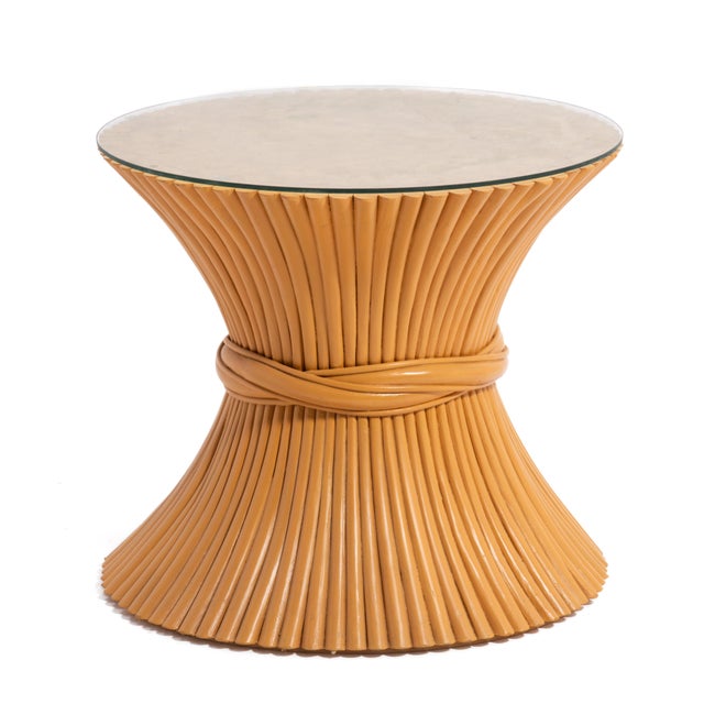 1970s McGuire Wheat Side Table Reeded Bamboo Hourglass For Sale - Image 5 of 10