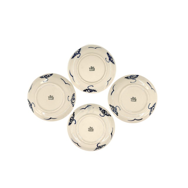Chinoiserie Set of 4 Bat Trang Vietnamese Ceramic Dessert/Salad Plates With Blue & White Lotus Floral Motifs For Sale - Image 3 of 8