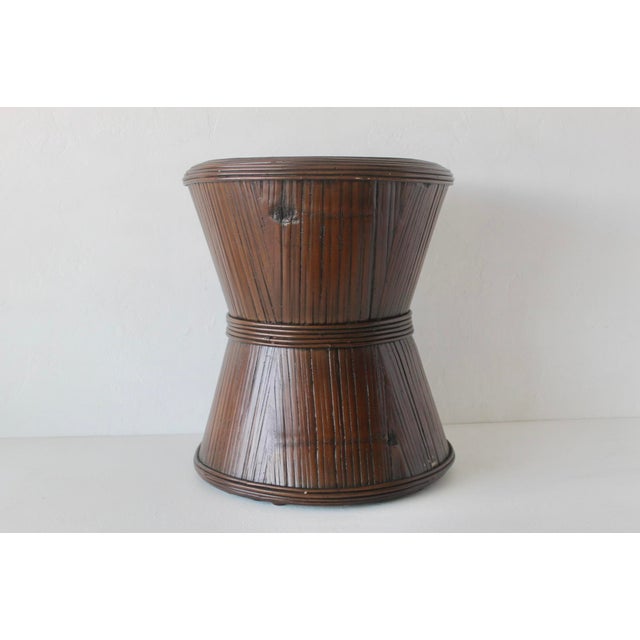 Vintage Sculptural Dark Bamboo Rattan Hourglass Bowtie Pedestal Table For Sale - Image 11 of 15