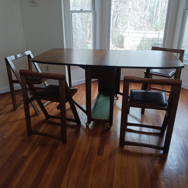 Vintage MidCentury Modern 1989 Romanian Drop Leaf Table With 4 Chairs Store Under Table Set