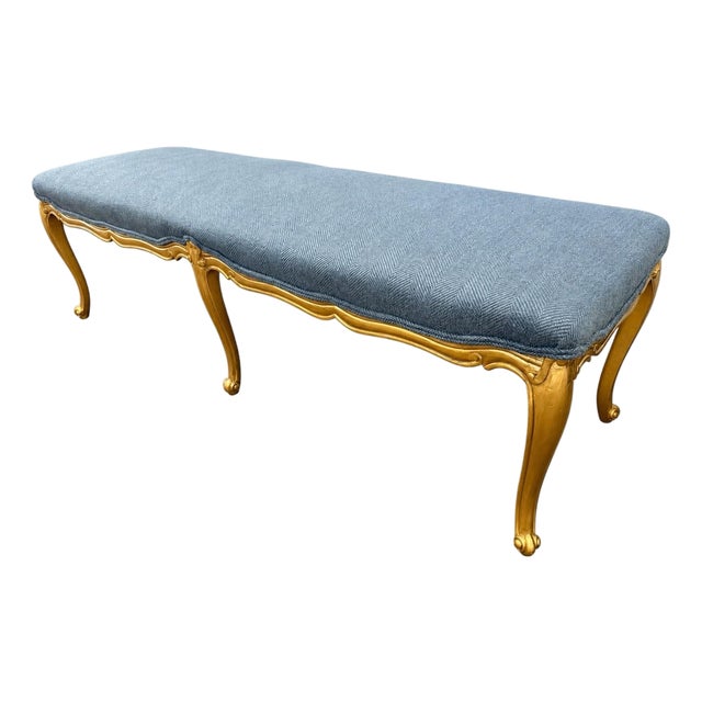 Giltwood Louis XV Style Long Blue Upholstered Bench, Window Seat For Sale