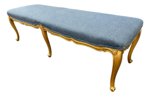 Giltwood Louis XV Style Long Blue Upholstered Bench, Window Seat