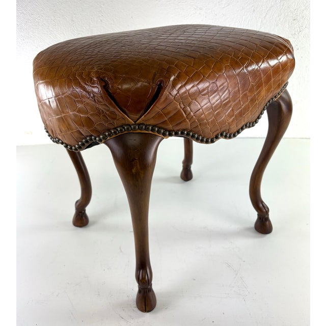 2010s Ralph Lauren Regency Inspired Leather and Walnut Vanity Bench For Sale - Image 5 of 12