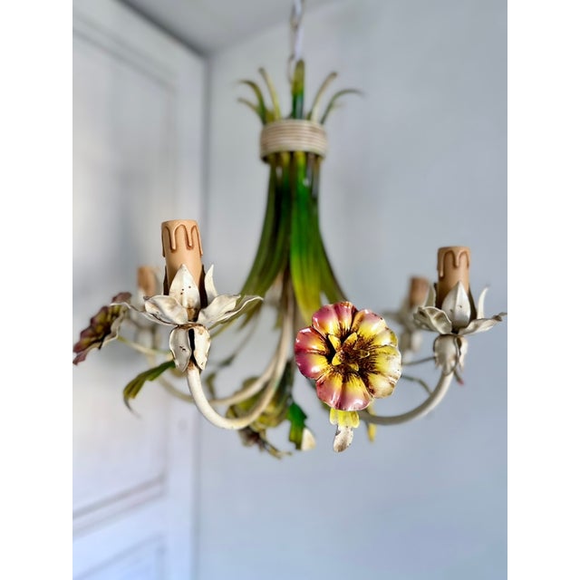 Metal French Tole Inverted Floral Bouquet Chandelier with Five Lights, 1945 For Sale - Image 7 of 18