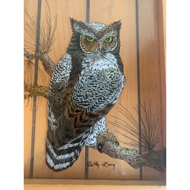 Rustic Late 20th Century Reverse Painting on Glass of Great Horned Owl on a Pine Branch For Sale - Image 3 of 6
