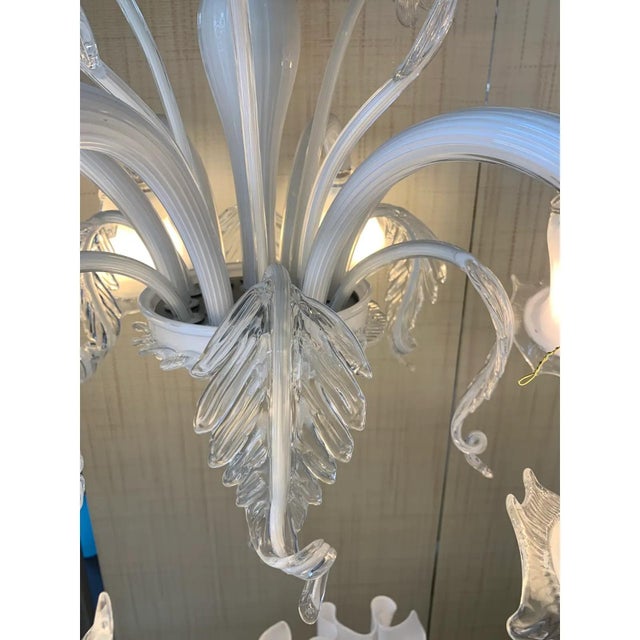 Gray Transparent and Milky-White Venetian Glass Chandelier with Floral and Leaf Accents by Simoeng For Sale - Image 8 of 14