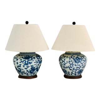 1990s Ralph Lauren Blue and White Porcelain Chinoiserie Table Lamps- a Pair For Sale