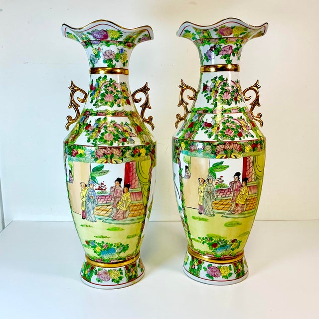 Late 19th C Antique Chinoiserie Boho Chic Hollywood Regency Famille Rose Vases - A Pair, Monumental For Sale - Image 9 of 18