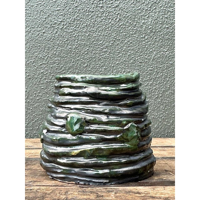 Vintage Abstract Green Glazed Ceramic Vase For Sale - Image 12 of 13