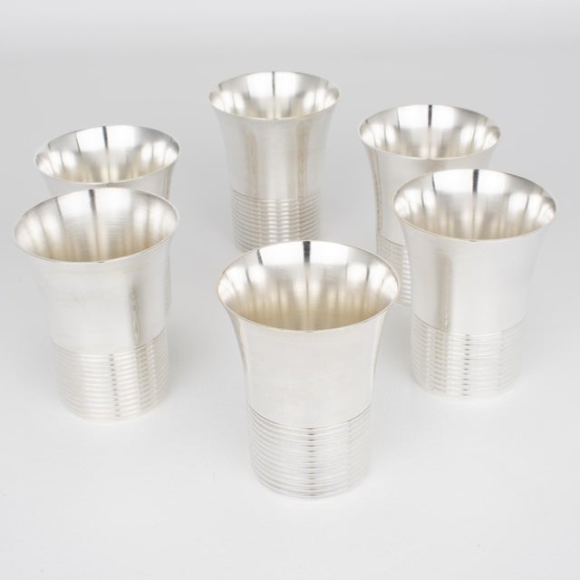 1940s Art Deco Silver Plate Cocktail Shaker and Six Barware Glasses - 7 pcs For Sale - Image 13 of 15