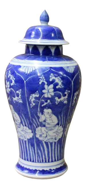 Chinese Blue White Porcelain People Theme Urn Jar Container
