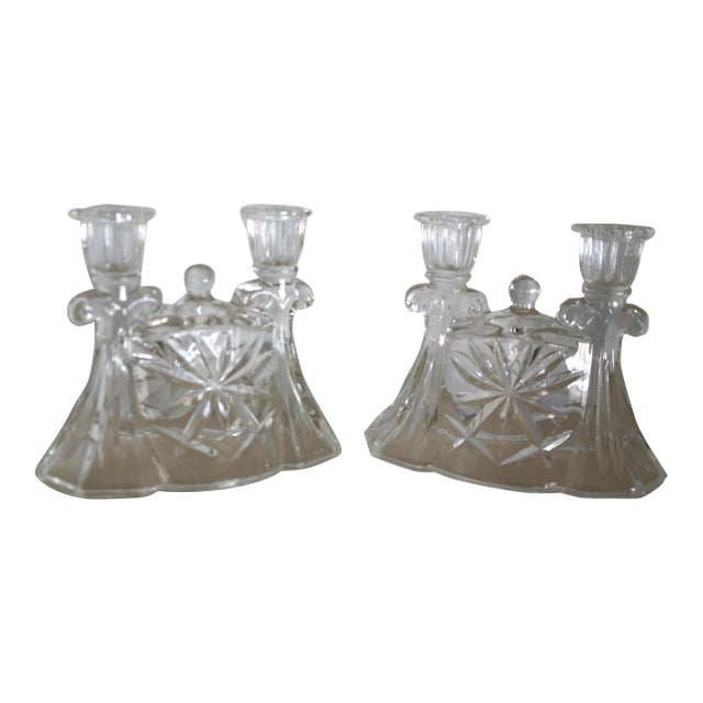 1960's Anchor Hocking Cut Glass Double Candle Holders- a Pair For Sale