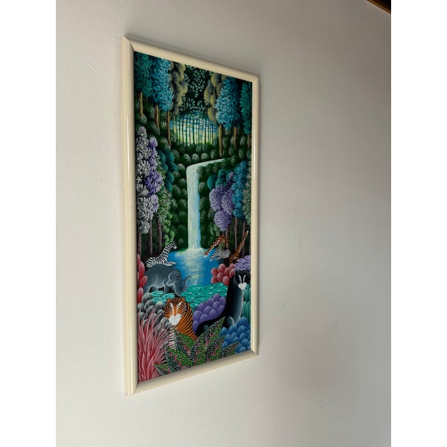 Folk Art Vintage Haitian Folk Art Wildlife Jungle Scene Oil on Canvas – Framed For Sale - Image 3 of 13