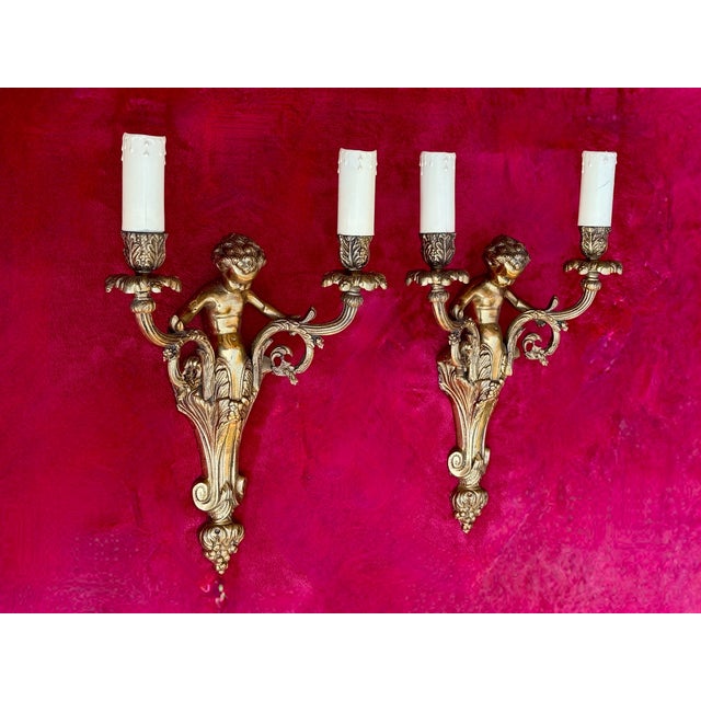 French Louis XV Style Gilt Bronze Cherub Wall Sconces, 1930, Set of 2 For Sale - Image 4 of 18