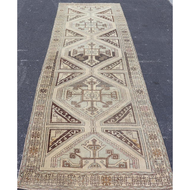 Textile Vintage Turkish Oushak Runner With Geometric Medallions in Beige 3'11 X 13'2 For Sale - Image 7 of 13