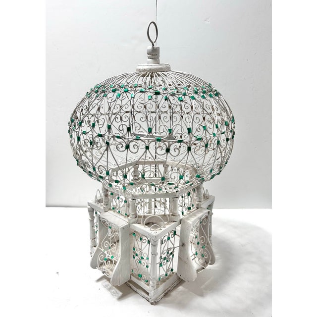 Wood Vintage French Whitewashed Metal Birdcage With Green Glass Jewel Accents For Sale - Image 7 of 12